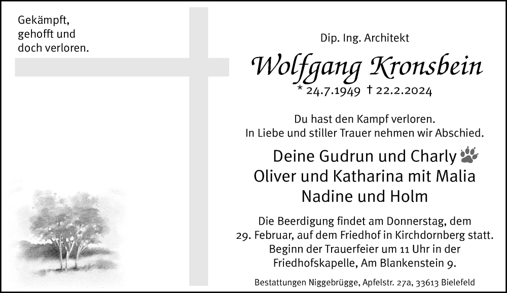  Traueranzeige für Wolfgang Kronsbein vom 24.02.2024 aus Neue Westfälische