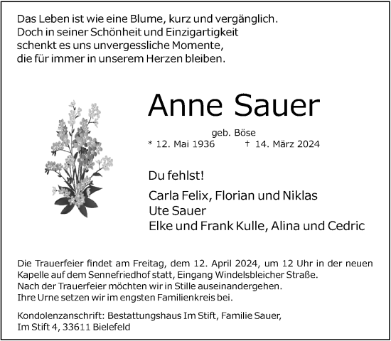 Traueranzeige von Anne Sauer von Neue Westfälische