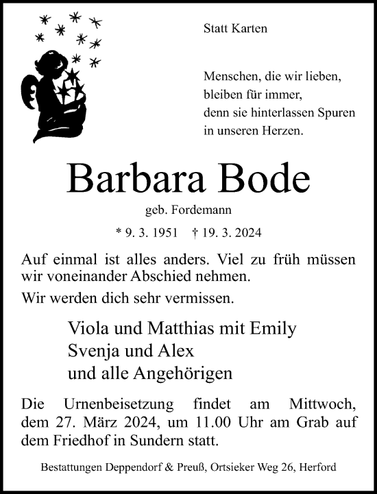 Traueranzeige von Barbara Bode von Neue Westfälische
