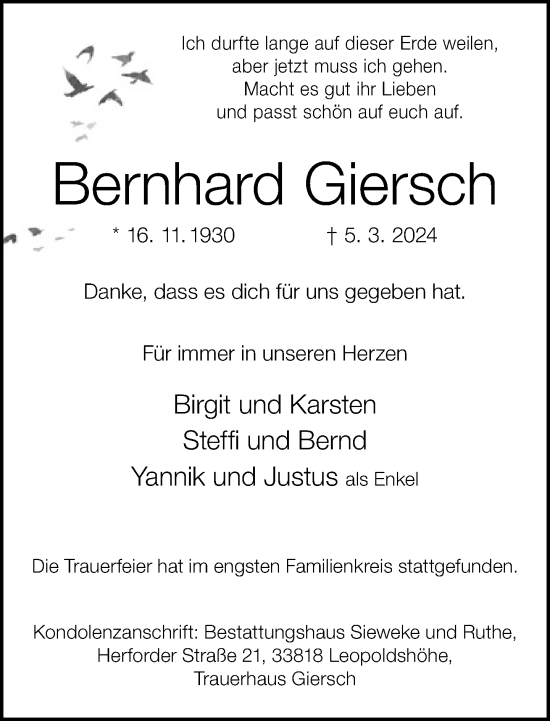 Traueranzeige von Bernhard Giersch