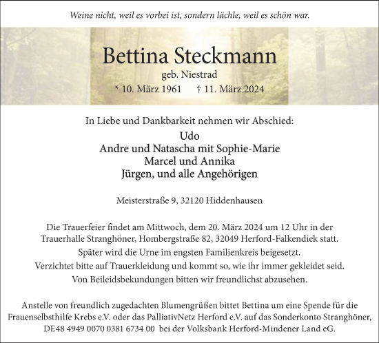 Traueranzeige von Bettina Steckmann von Neue Westfälische