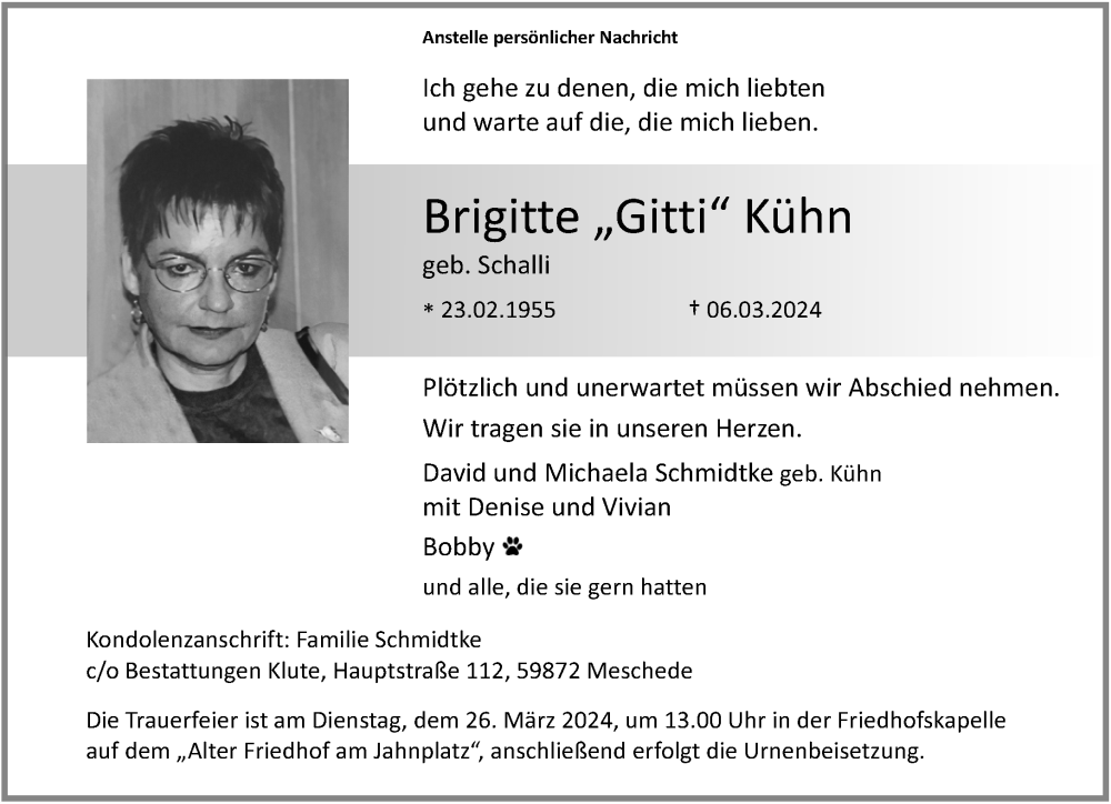  Traueranzeige für Brigitte Kühn vom 23.03.2024 aus Neue Westfälische