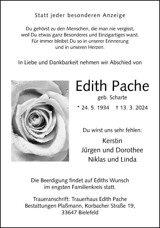 Traueranzeige von Edith Pache von Neue Westfälische