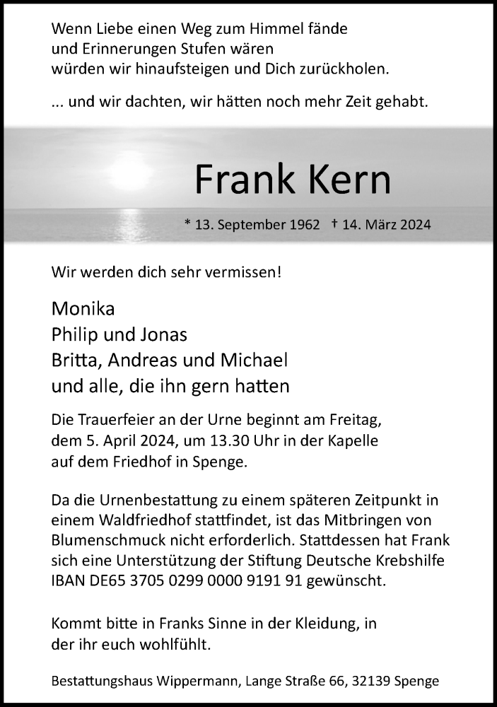  Traueranzeige für Frank Kern vom 23.03.2024 aus Neue Westfälische