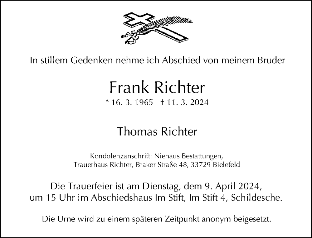  Traueranzeige für Frank Richter vom 23.03.2024 aus Neue Westfälische