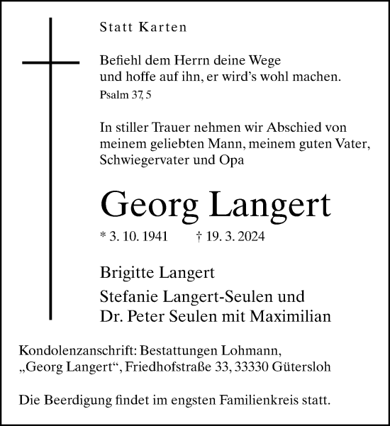 Traueranzeige von Georg Langert von Neue Westfälische