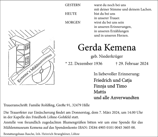 Traueranzeige von Gerda Kemena von Neue Westfälische