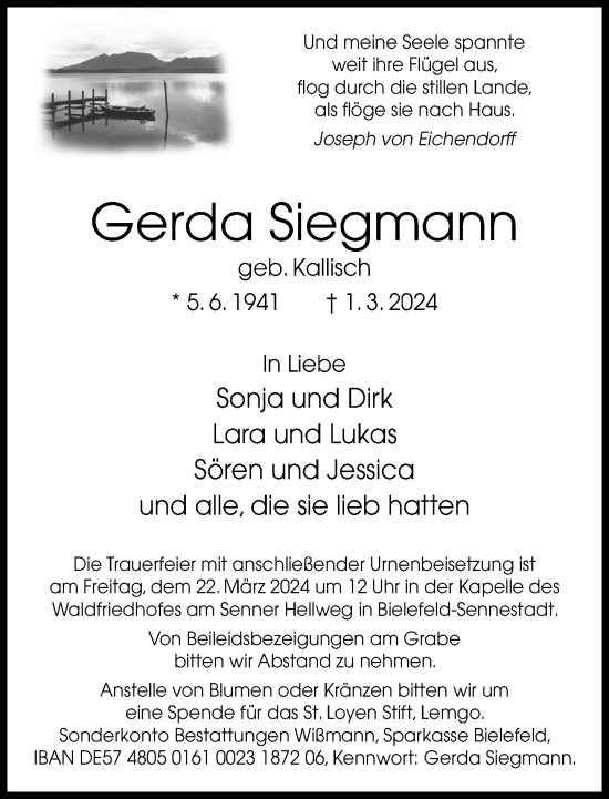 Traueranzeige von Gerda Siegmann von Neue Westfälische
