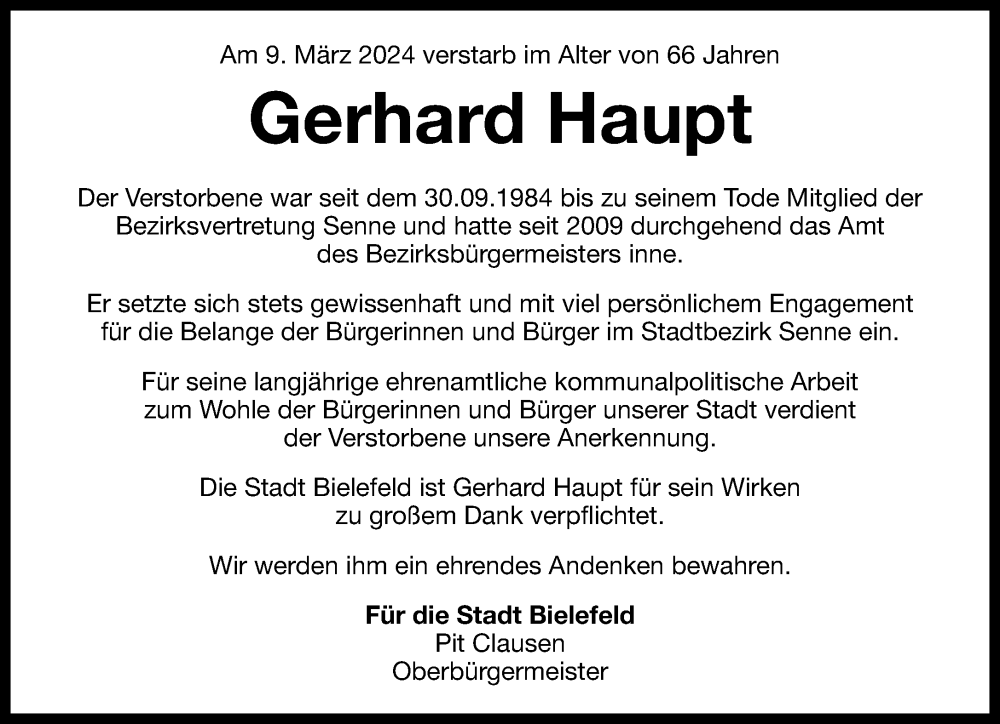  Traueranzeige für Gerhard Haupt vom 13.03.2024 aus Neue Westfälische