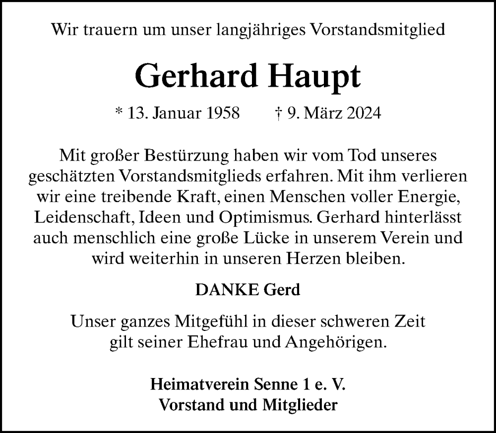  Traueranzeige für Gerhard Haupt vom 14.03.2024 aus Neue Westfälische