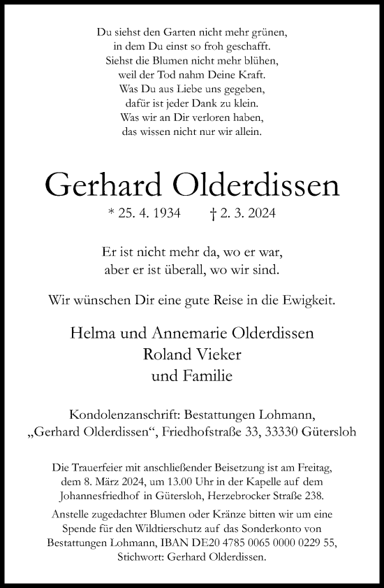 Traueranzeige von Gerhard Olderdissen von Neue Westfälische