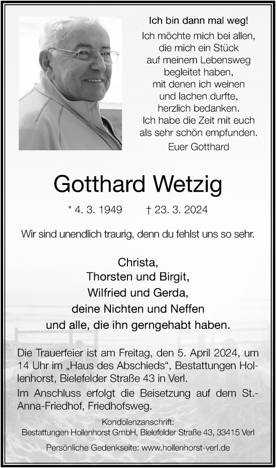 Traueranzeige von Gotthard Wetzig von Neue Westfälische