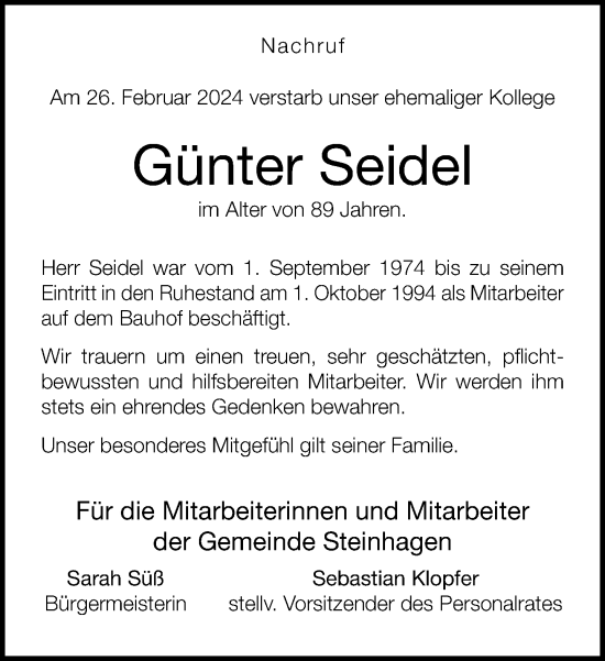 Traueranzeige von Günter Seidel von Neue Westfälische