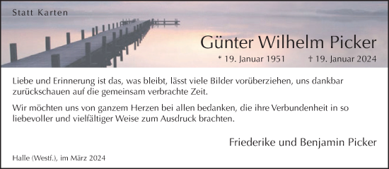 Traueranzeige von Günter Wilhelm Picker von Neue Westfälische