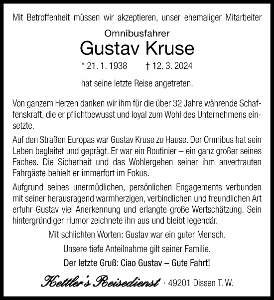 Traueranzeige von Gustav Kruse von Neue Westfälische