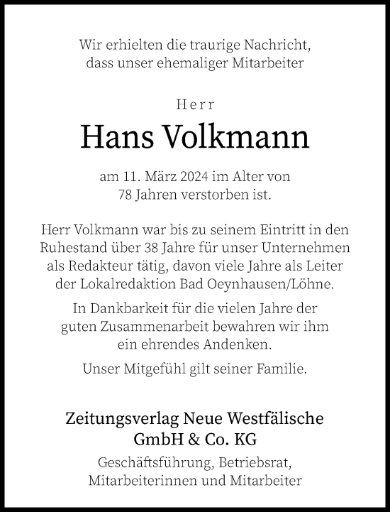 Traueranzeige von Hans Volkmann von Neue Westfälische