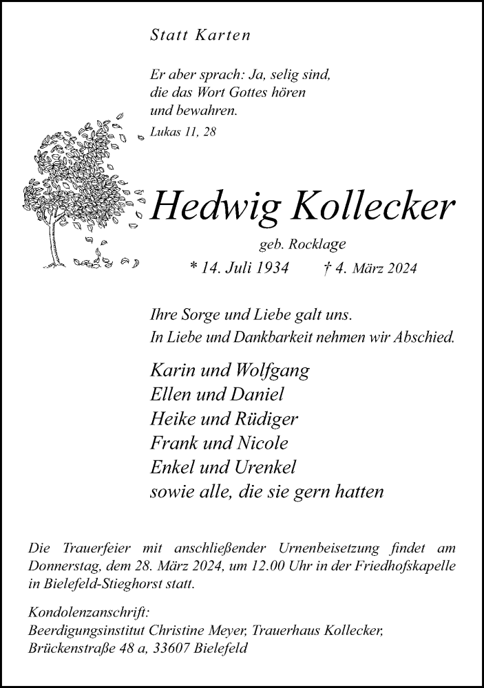  Traueranzeige für Hedwig Kollecker vom 16.03.2024 aus Neue Westfälische