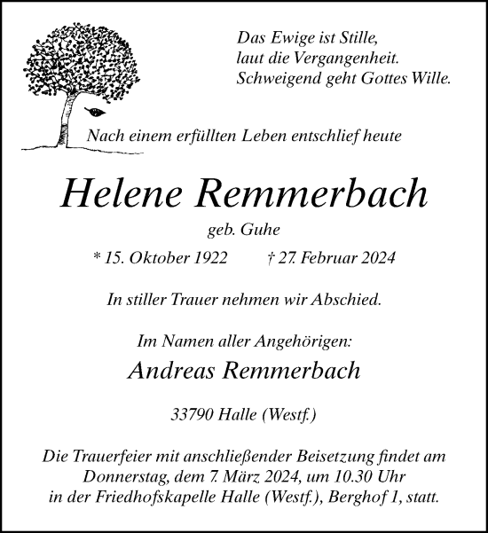 Traueranzeige von Helene Remmerbach von Neue Westfälische