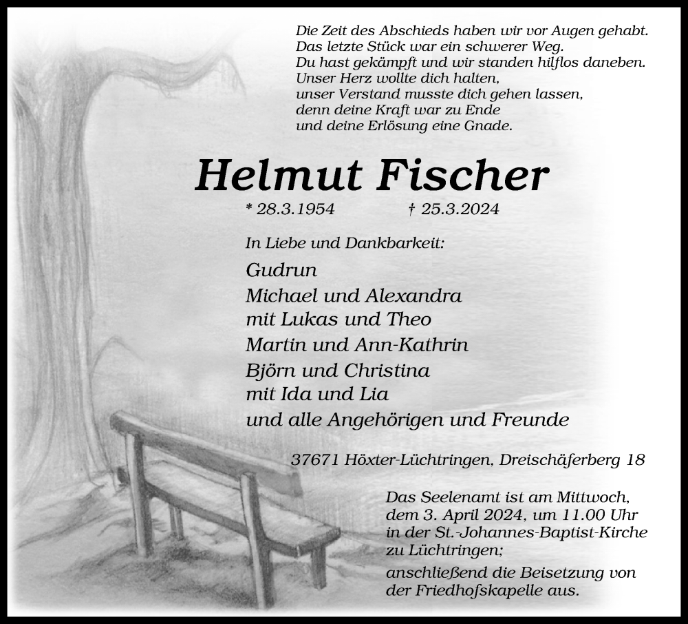  Traueranzeige für Helmut Fischer vom 29.03.2024 aus Neue Westfälische