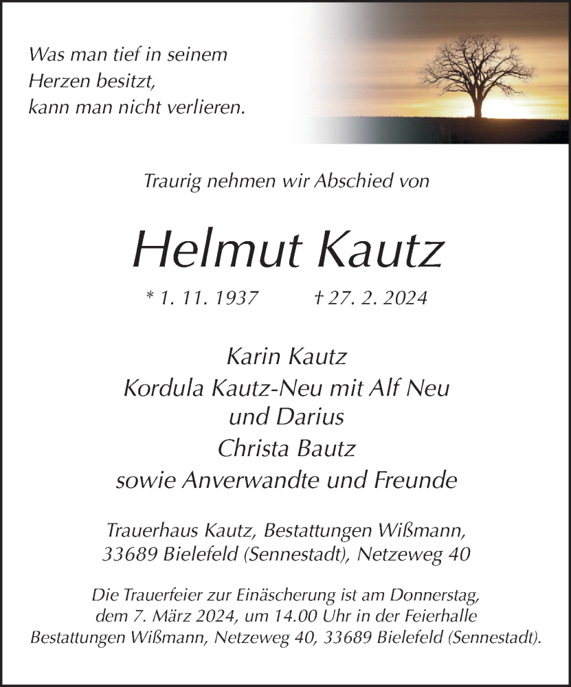  Traueranzeige für Helmut Kautz vom 02.03.2024 aus Neue Westfälische