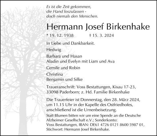 Traueranzeige von Hermann Josef Birkenhake von Neue Westfälische