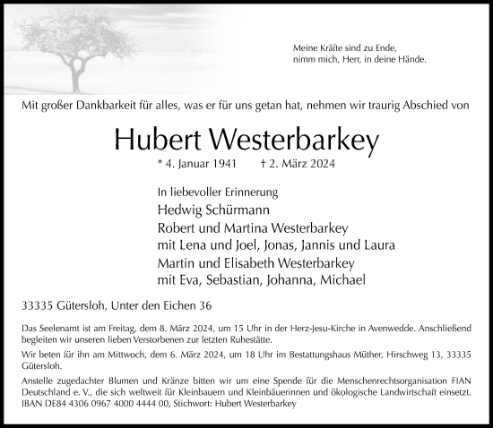 Traueranzeige von Hubert Westerbarkey von Neue Westfälische