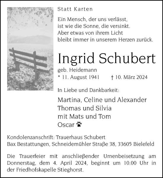 Traueranzeige von Ingrid Schubert von Neue Westfälische