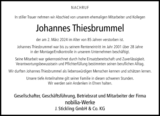 Traueranzeige von Johannes Thiesbrummel von Neue Westfälische