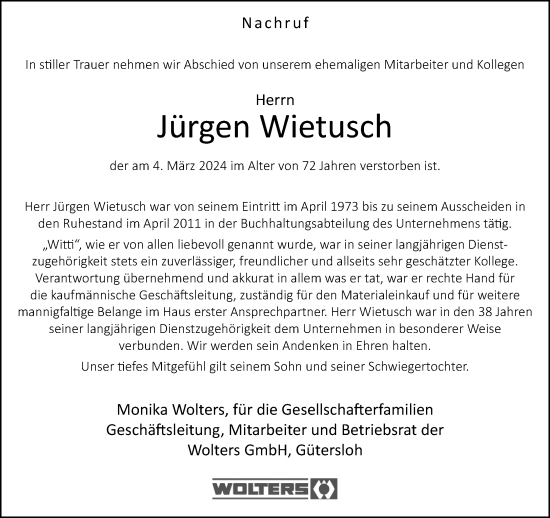 Traueranzeige von Jürgen Wietusch von Neue Westfälische