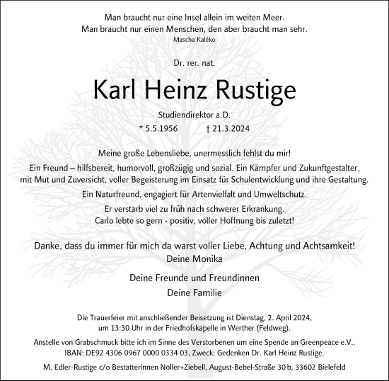 Traueranzeige von Karl Heinz Rustige von Neue Westfälische
