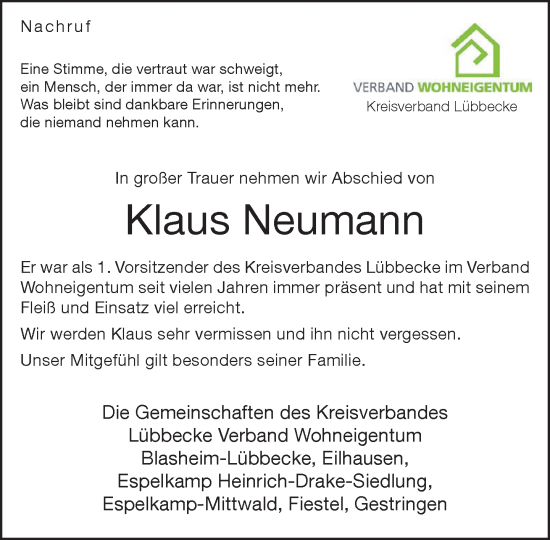 Traueranzeige von Klaus Neumann von Neue Westfälische