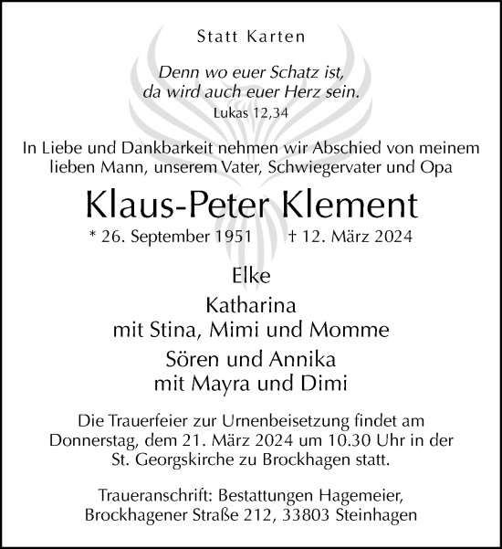 Traueranzeige von Klaus-Peter Klement von Neue Westfälische