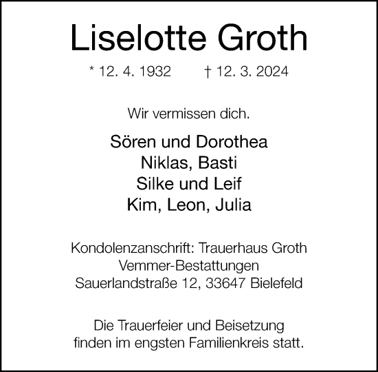 Traueranzeige von Liselotte Groth