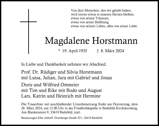 Traueranzeige von Magdalene Horstmann von Neue Westfälische