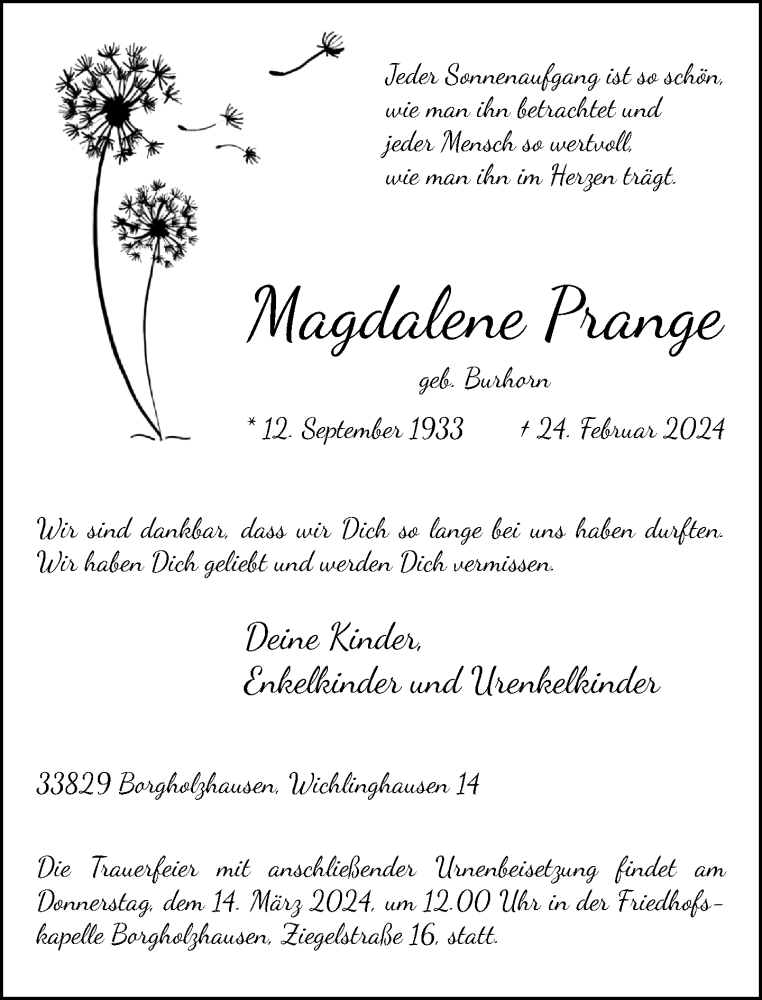  Traueranzeige für Magdalene Prange vom 08.03.2024 aus Neue Westfälische