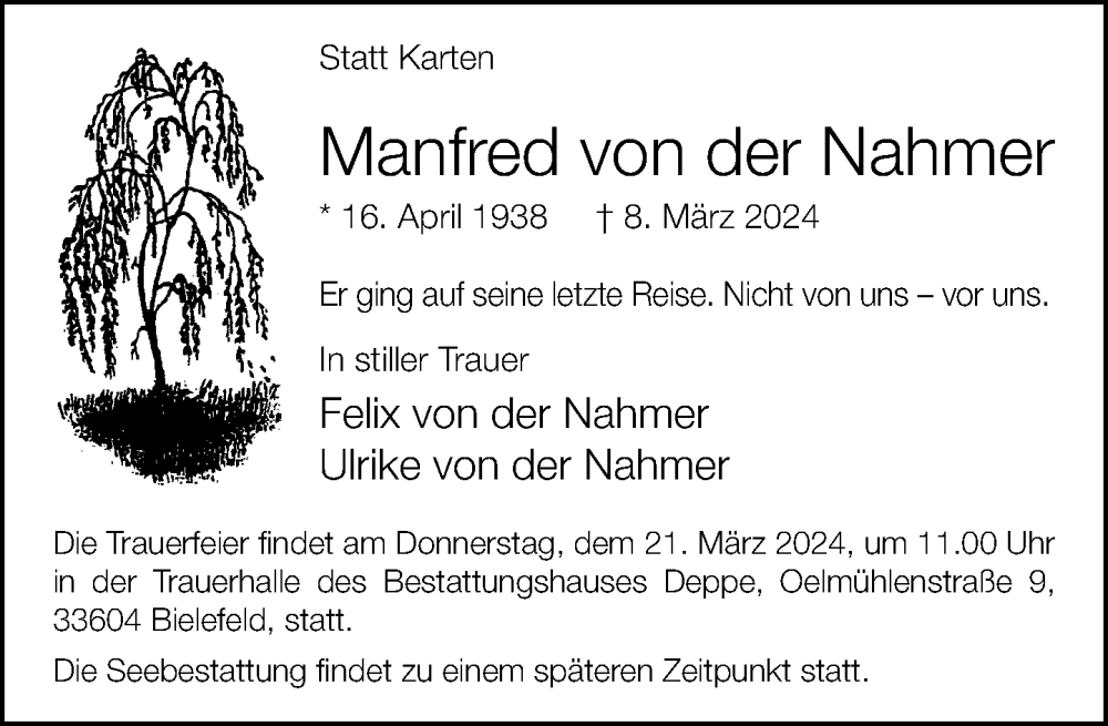 Traueranzeige für Manfred von der Nahmer vom 16.03.2024 aus Neue Westfälische