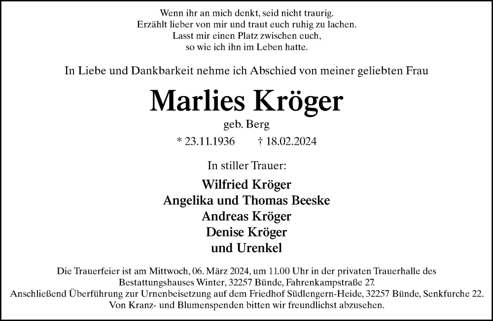  Traueranzeige für Marlies Kröger vom 02.03.2024 aus Neue Westfälische