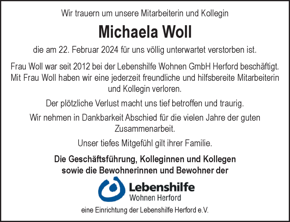  Traueranzeige für Michaela Woll vom 07.03.2024 aus Neue Westfälische
