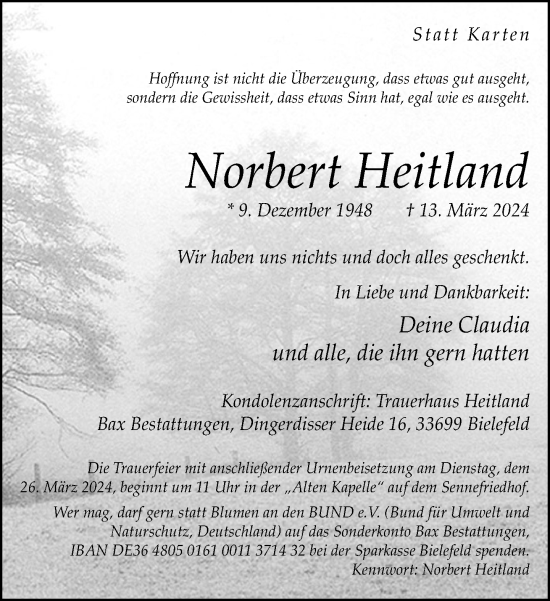 Traueranzeige von Norbert Heitland von Neue Westfälische