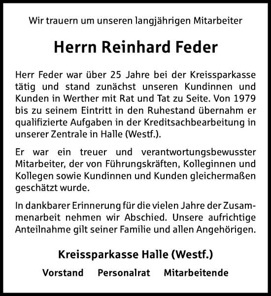 Traueranzeige von Reinhard Feder von Neue Westfälische