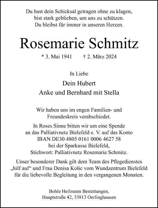 Traueranzeige von Rosemarie Schmitz von Neue Westfälische