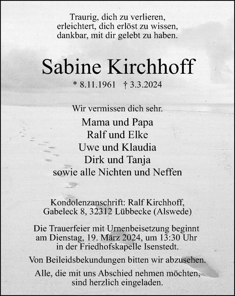  Traueranzeige für Sabine Kirchhoff vom 09.03.2024 aus Neue Westfälische