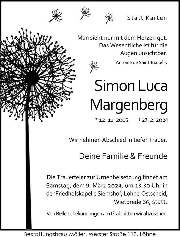 Traueranzeige für Simon Luca Margenberg vom 07.03.2024 aus Neue Westfälische