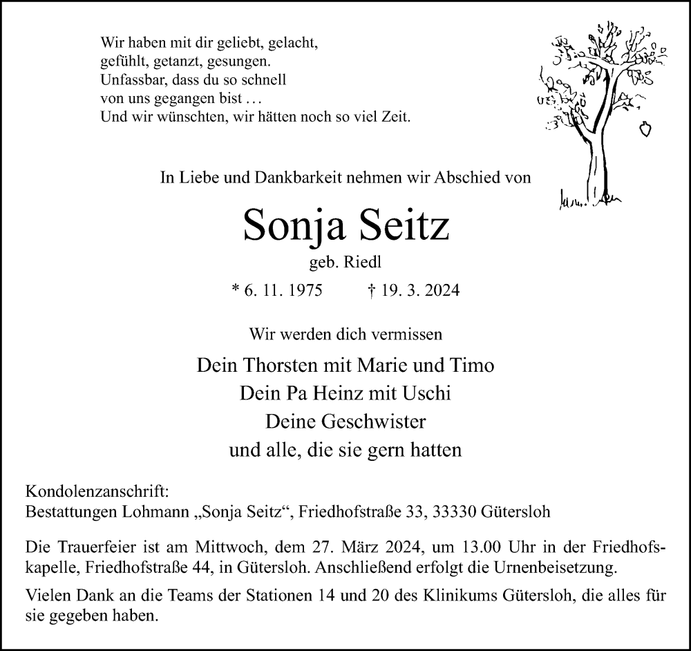  Traueranzeige für Sonja Seitz vom 23.03.2024 aus Neue Westfälische