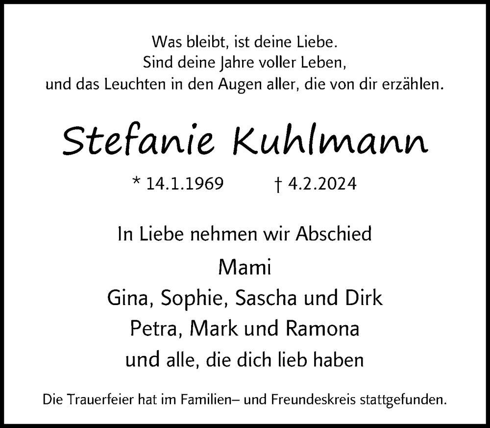  Traueranzeige für Stefanie Kuhlmann vom 02.03.2024 aus Neue Westfälische