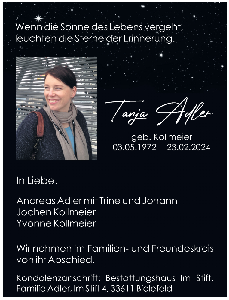  Traueranzeige für Tanja Adler vom 02.03.2024 aus Neue Westfälische