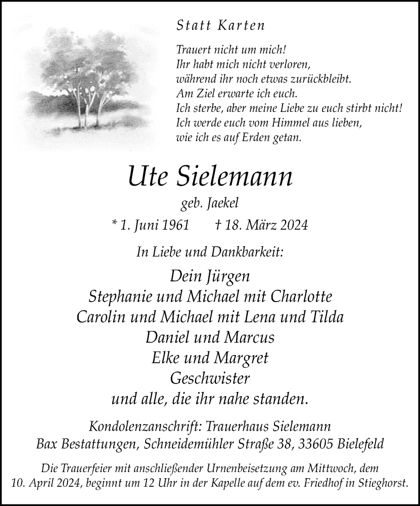  Traueranzeige für Ute Sielemann vom 23.03.2024 aus Neue Westfälische