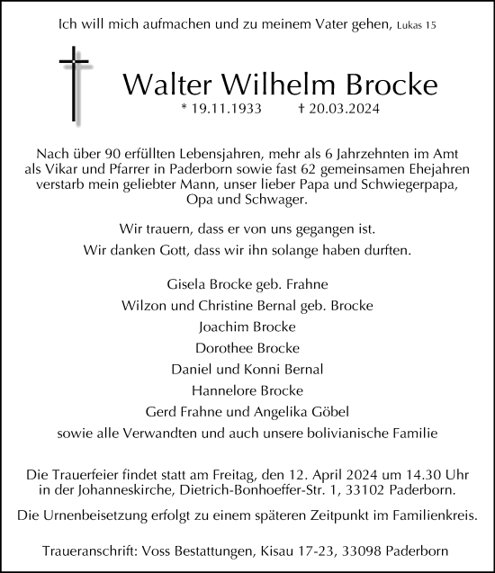 Traueranzeige von Walter Wilhelm Brocke von Neue Westfälische