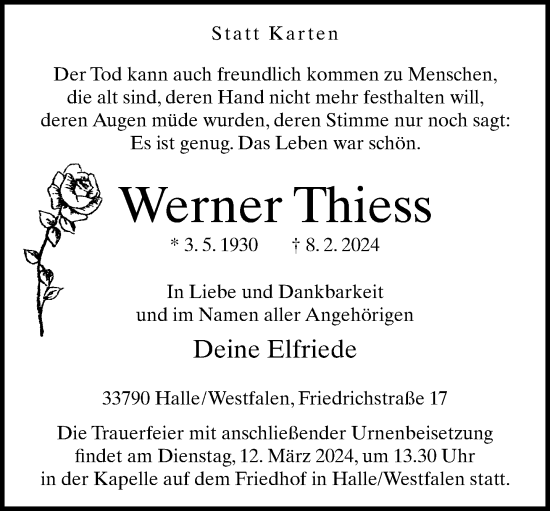 Traueranzeige von Werner Thiess von Neue Westfälische