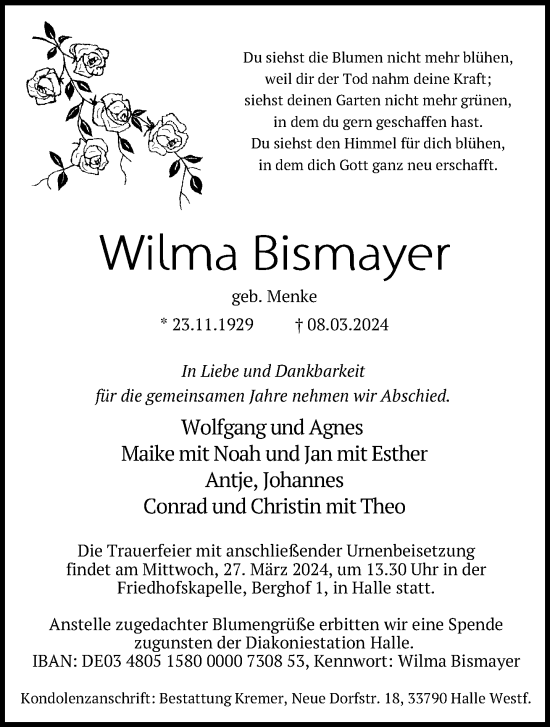 Traueranzeige von Wilma Bismayer von Neue Westfälische